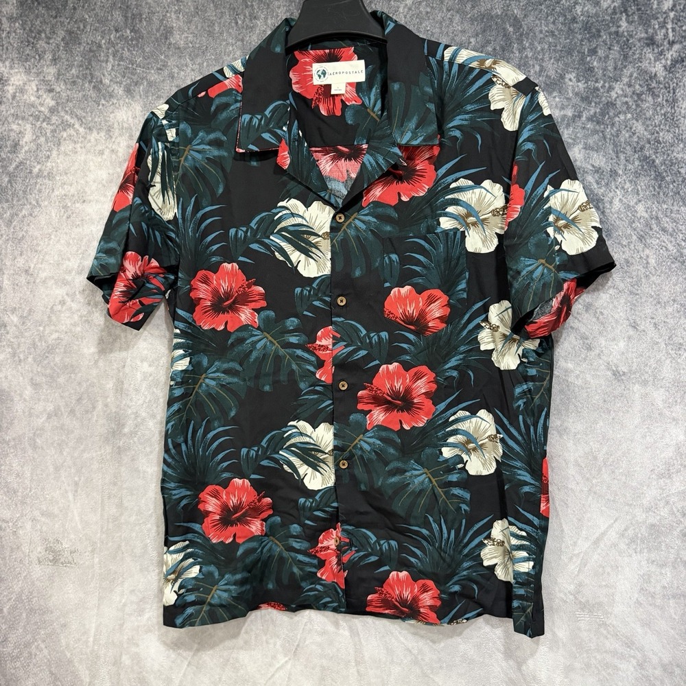 Aeropostale Men's Hawaiian Tropical Hibiscus Floral Button Shirt Black L
